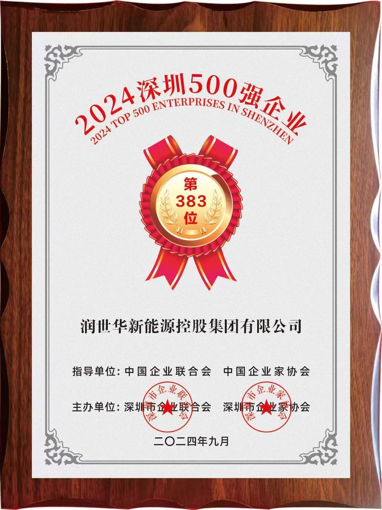 立异引领，，，，，，强力领航｜润世华新能源控股集团首次荣登“2024深圳行业首脑企业100强”榜单，，，，，，继续连任深圳企业500强